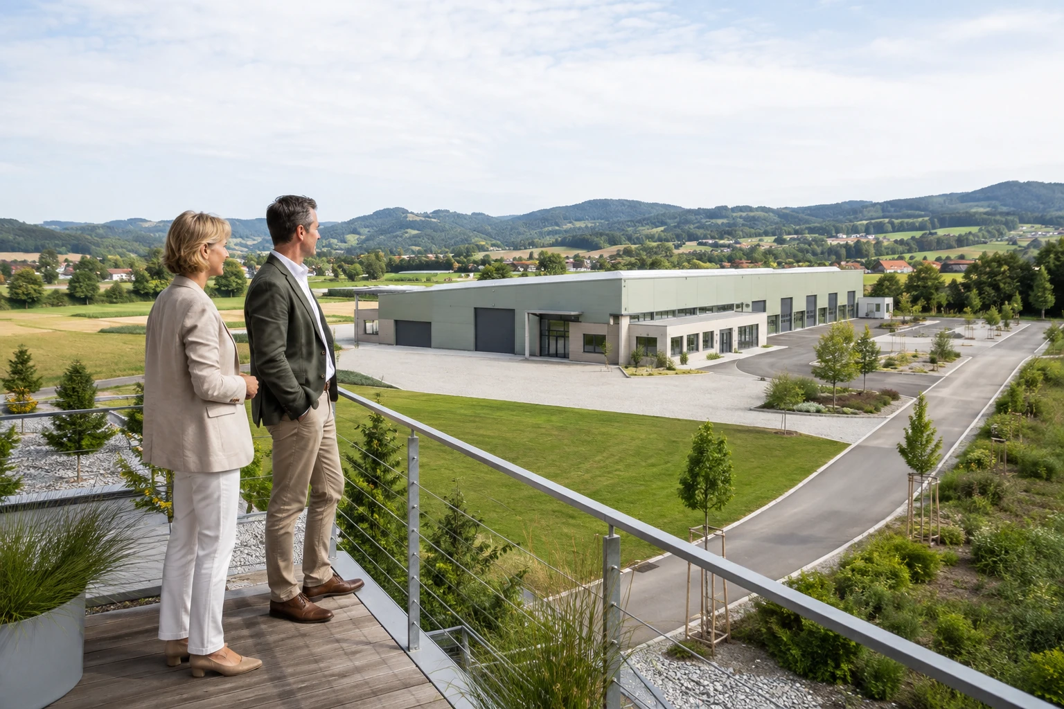 Eigentümerin und Interessent blicken auf ein Betriebsareal mit Halle, Freifläche und Zufahrt